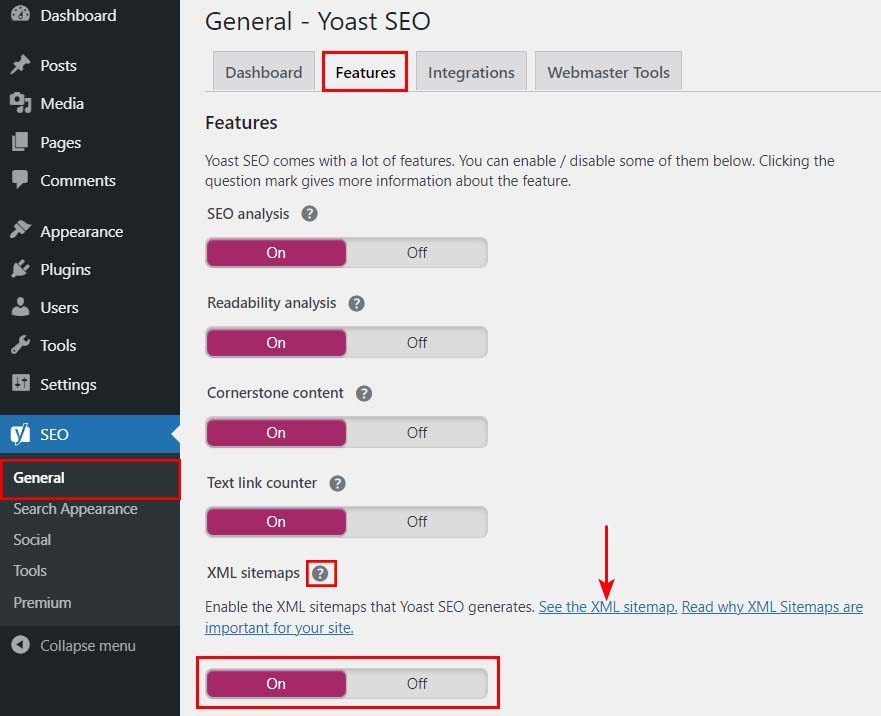 Yoast SEO XML Site Haritası Seçeneği