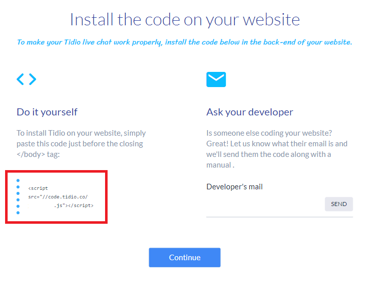 tidio instala código HTML fácilmente