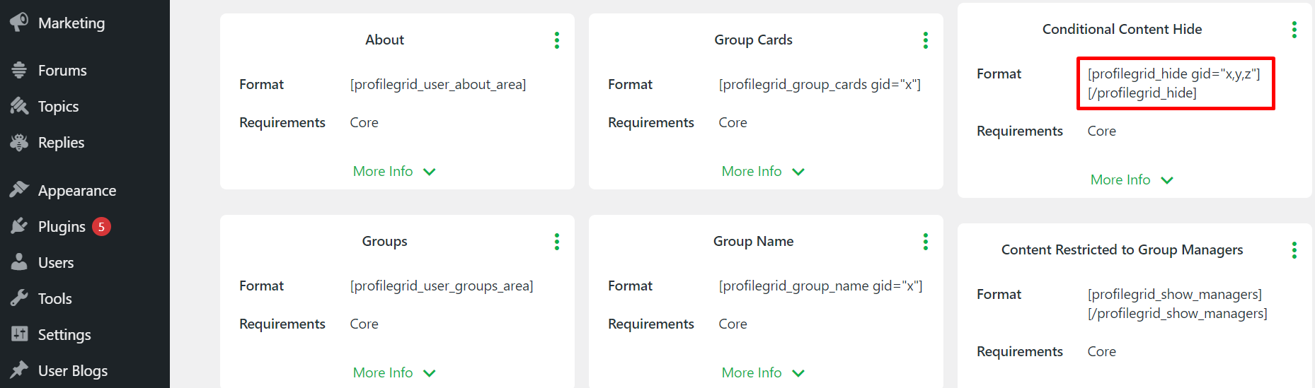 Copiez le shortcode de masquage du contenu conditionnel.