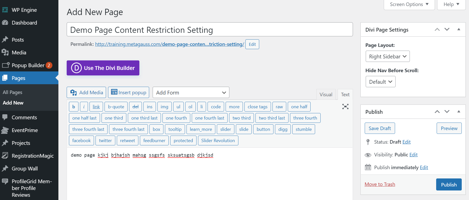 Paramètre de restriction de contenu de la page de démonstration