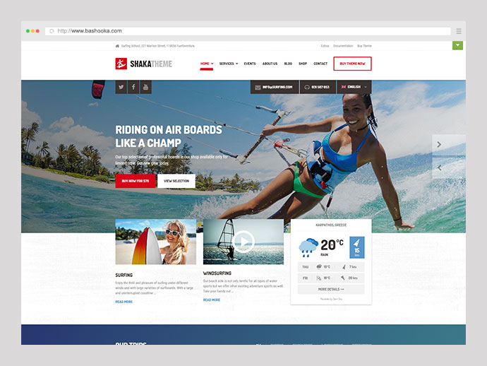 Shaka - Motyw WordPress dla biznesu na plaży dla szkół sportów wodnych i aktywności. Surfuj, pływaj kajakiem i nie tylko.