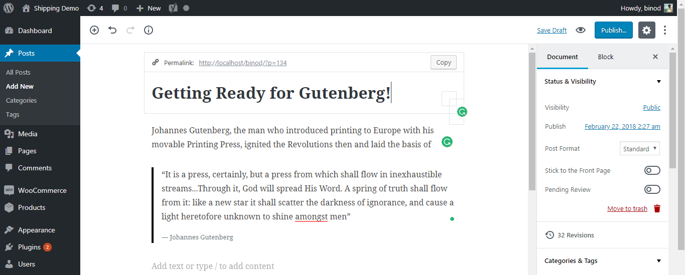 อินเทอร์เฟซตัวแก้ไข Gutenberg WordPress