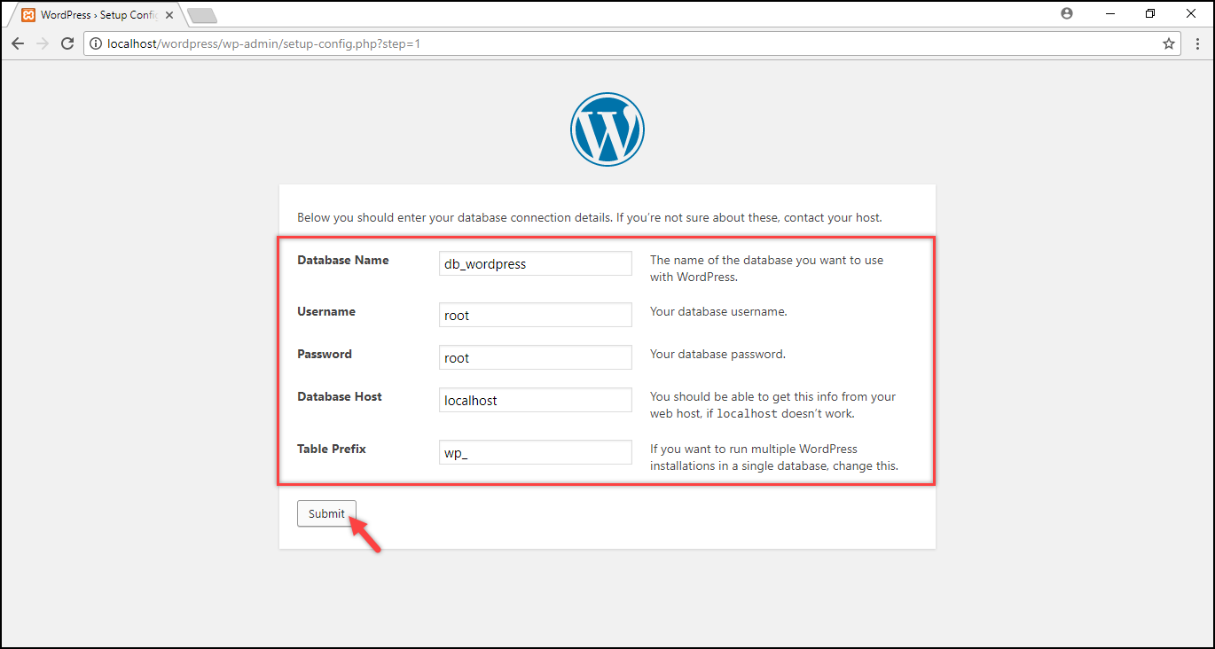 Menginstal WordPress di Windows | Informasi basis data dikirimkan Installing WordPress on Windows | Database information submitted