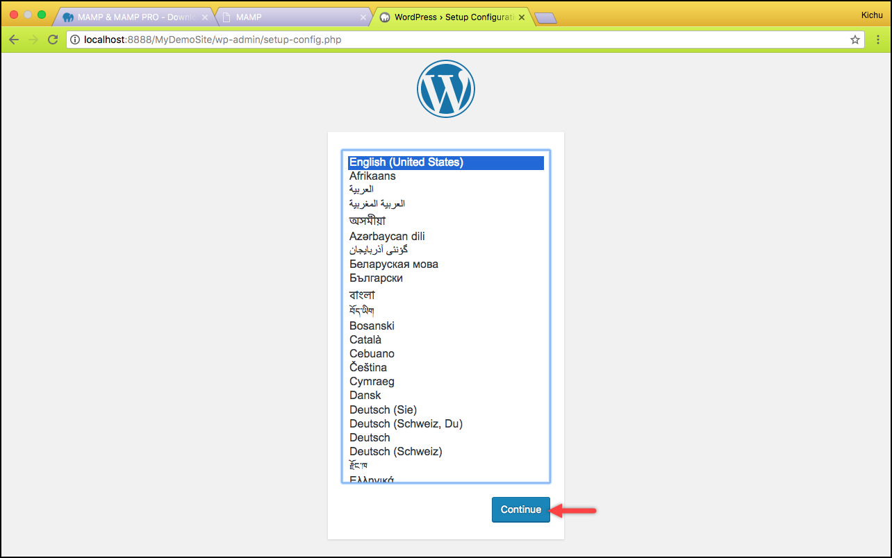 Menginstal WordPress di Mac | Memilih bahasa yang diinginkan Installing WordPress on Mac | Selecting the desired language