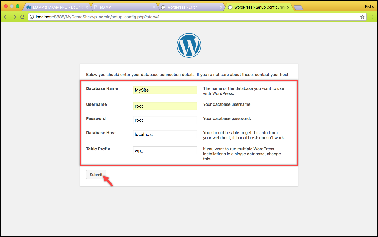 Menginstal WordPress di Mac | Informasi basis data dikirimkan Installing WordPress on Mac | Database information submitted