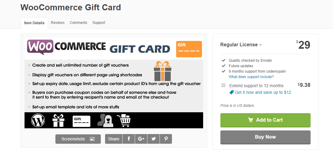 صورة تصور المكوِّن الإضافي لبطاقة هدايا WooCommerce في CodeCanyon