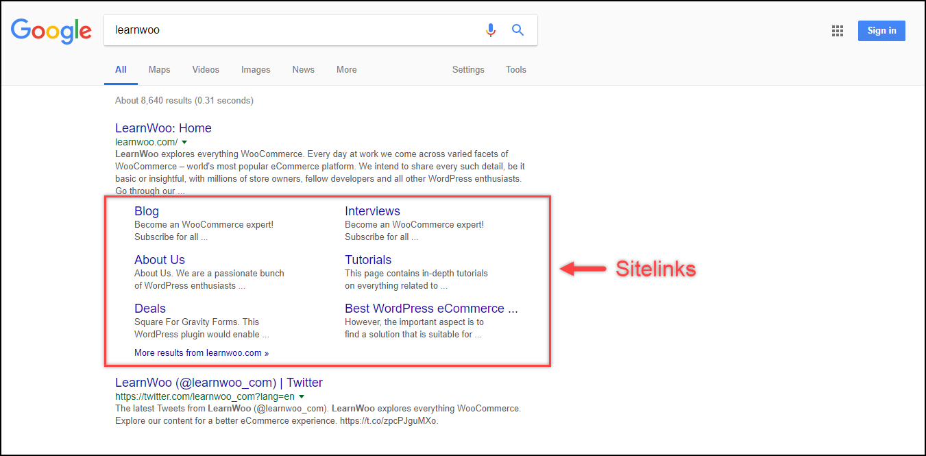 تحسين WordPress - Google Search Console | LearnWoo روابط أقسام الموقع Optimize WordPress - Google Search Console | LearnWoo Sitelinks