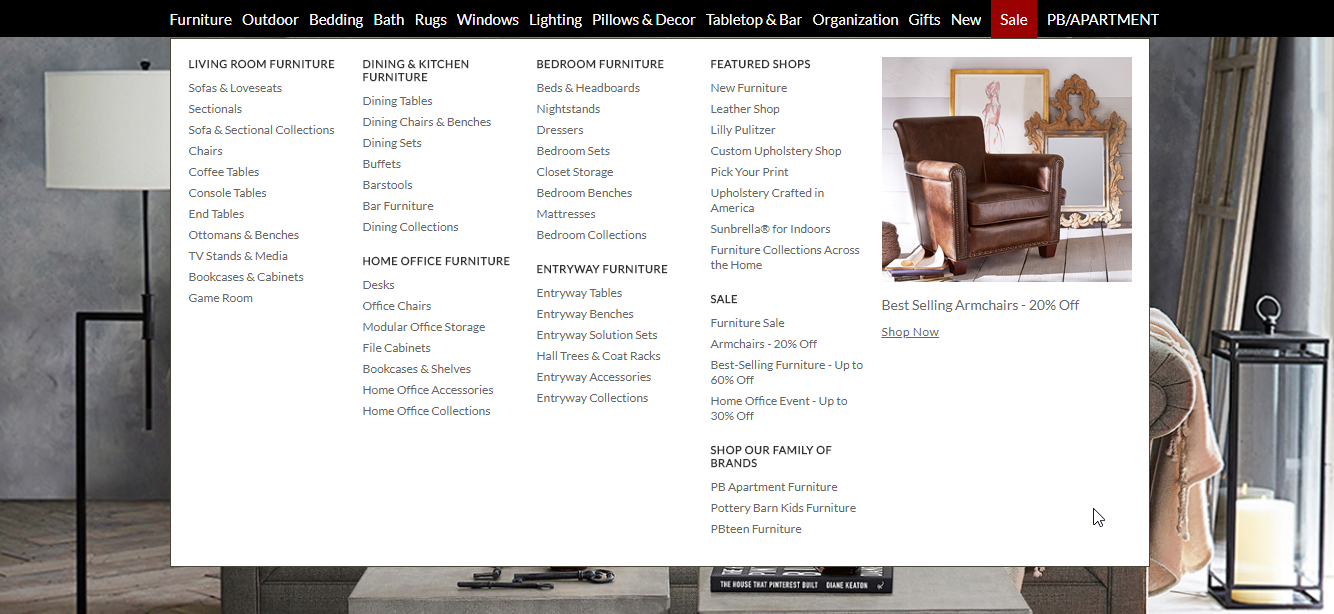 لقطة شاشة لـ Pottery Barn للمساعدة في تحسين التنقل