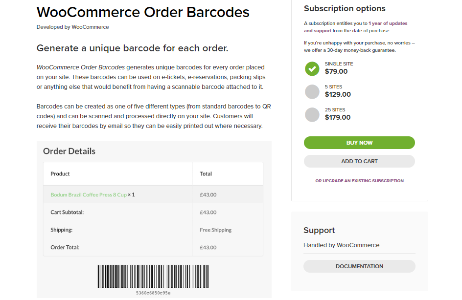 Captura de pantalla del complemento de códigos de barras de pedido incluido en el artículo del complemento de reservas de WooCommerce