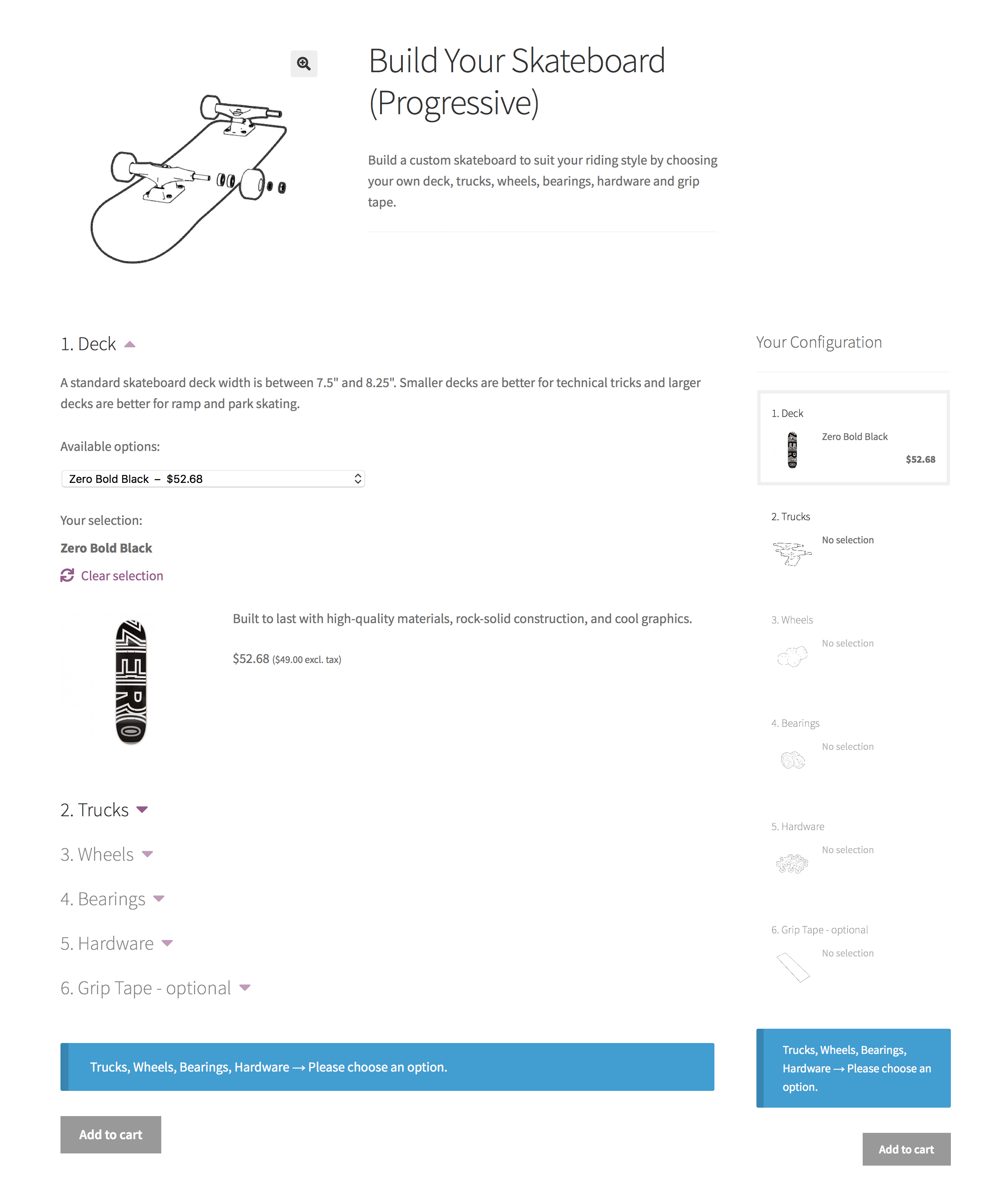 Screenshot dei prodotti Composite, un'opzione avanzata di bundle di prodotti WooCommerce