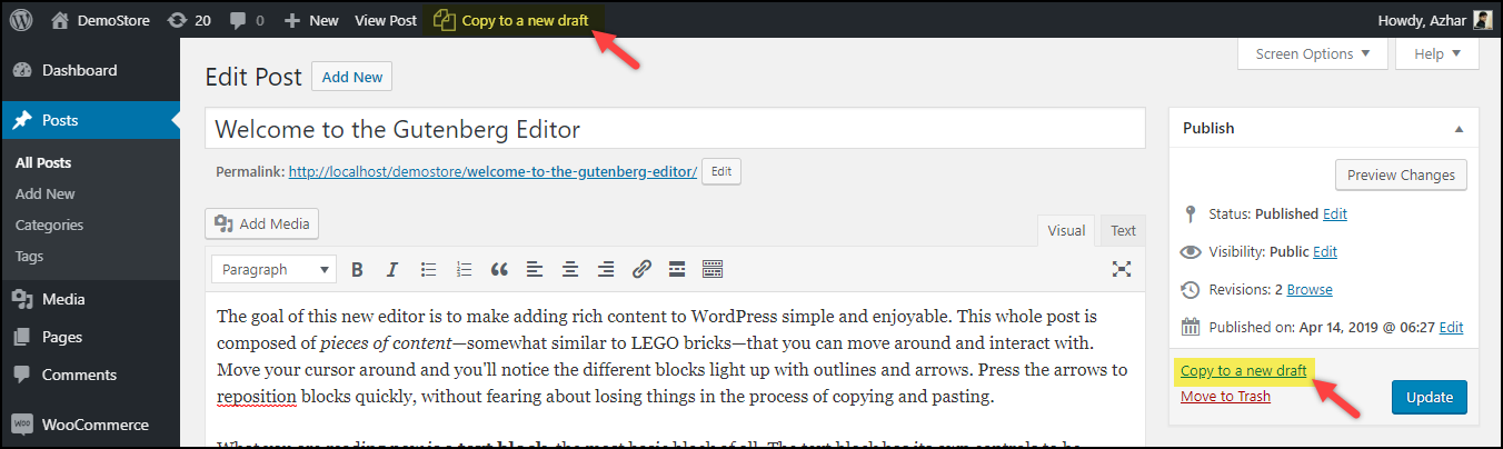 Duplica una pagina in WordPress | Copia in una nuova bozza opzioni dal plug-in Duplica Post Duplicate a Page in WordPress | Copy to a new draft options from Duplicate Post plugin