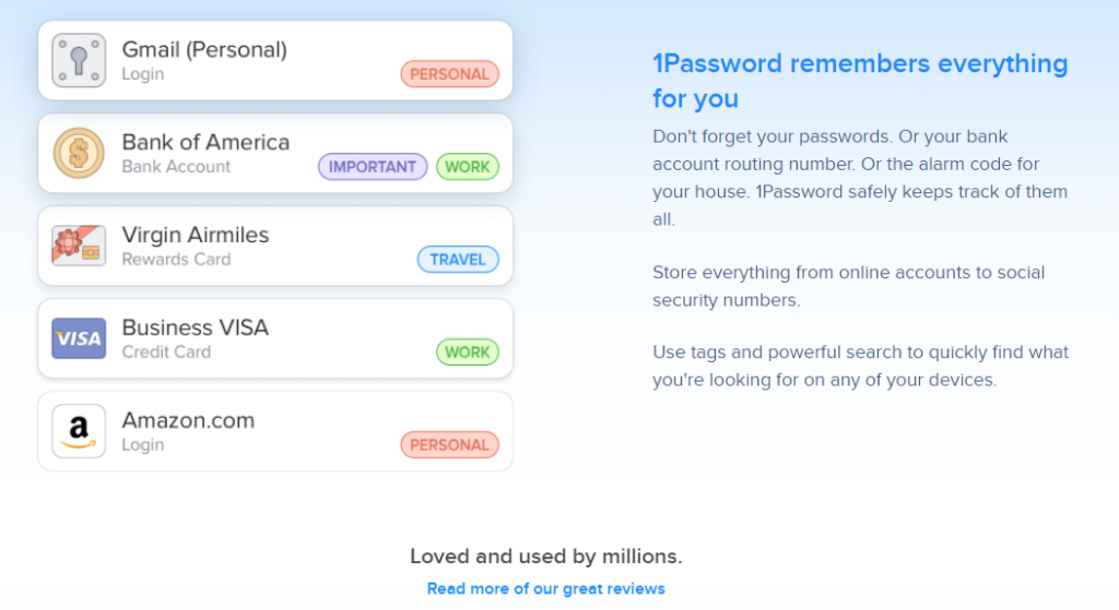 Obraz przedstawiający 1Password, narzędzie zabezpieczające WordPress, które pomaga zarządzać hasłami.