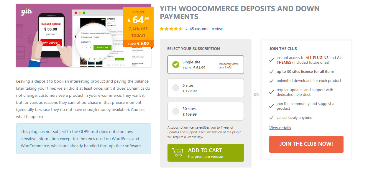Screenshot von YITH WooCommerce Deposits Plugins
