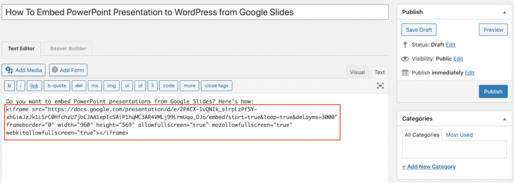 Intégrer la présentation PowerPoint dans WordPress