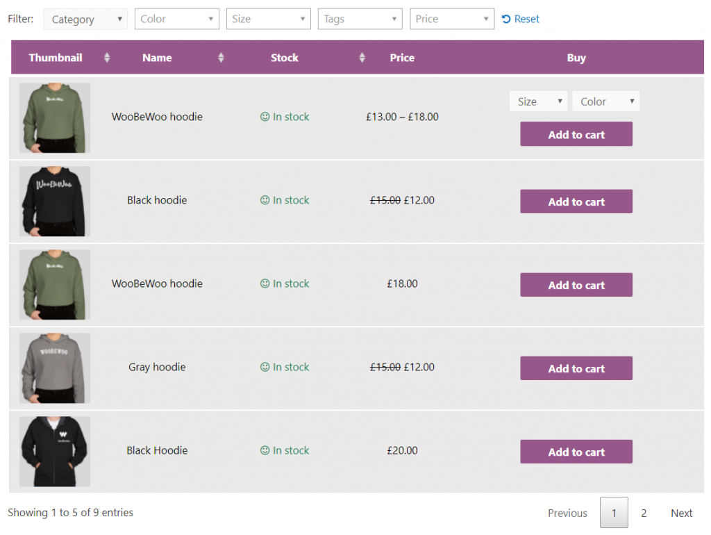 Plugin per le tabelle dei prodotti WooCommerce