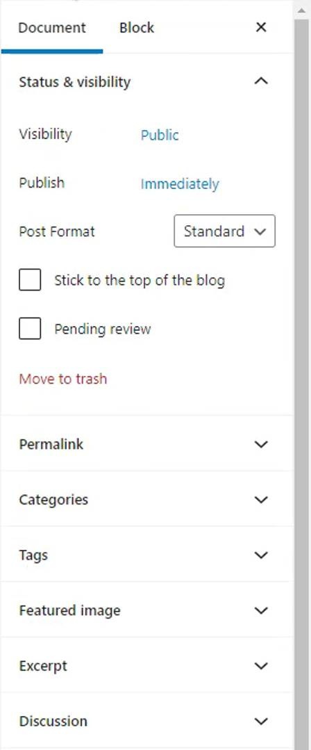 настройки документа в редакторе блоков WordPress
