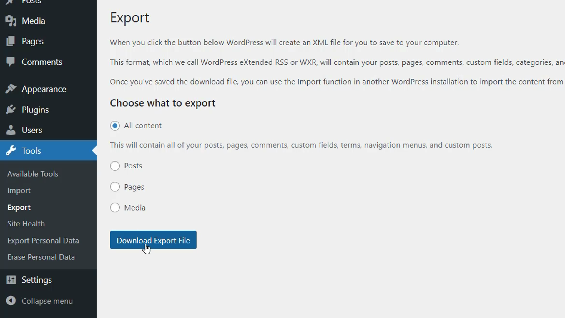 Exportarea conținutului wordpress