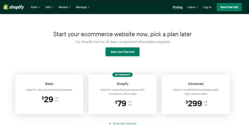 Shopify 구독 계획.