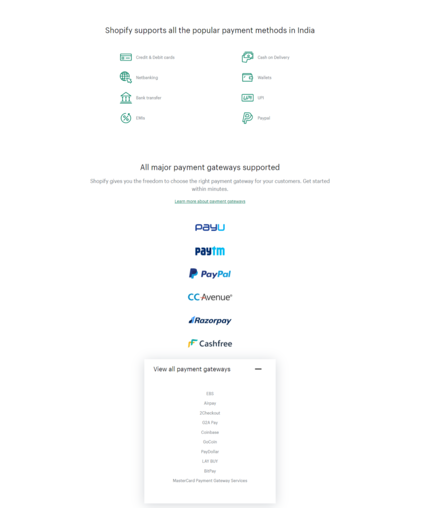 Shopify 결제 옵션.