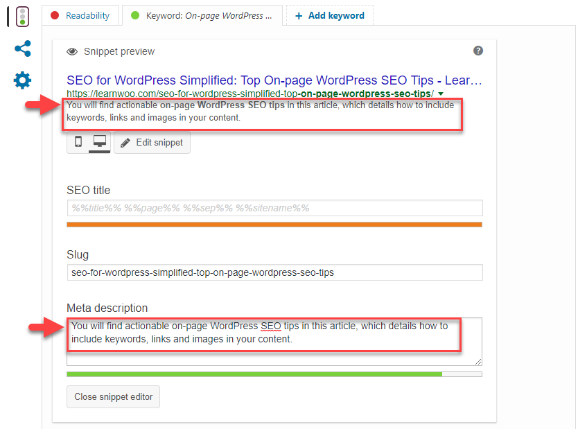 Consejos de SEO de WordPress en la página