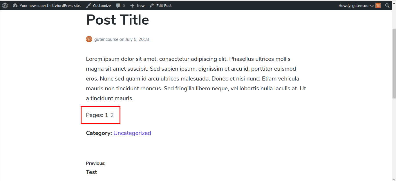 Blocos padrão do Gutenberg: quebra de página (renderizado)