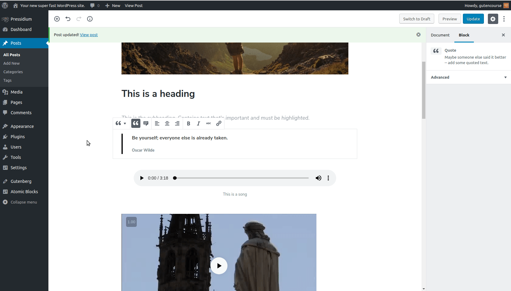 Blocos padrão do Gutenberg: Pullquote