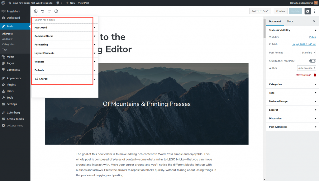 Blocos padrão do Gutenberg: procure um bloco