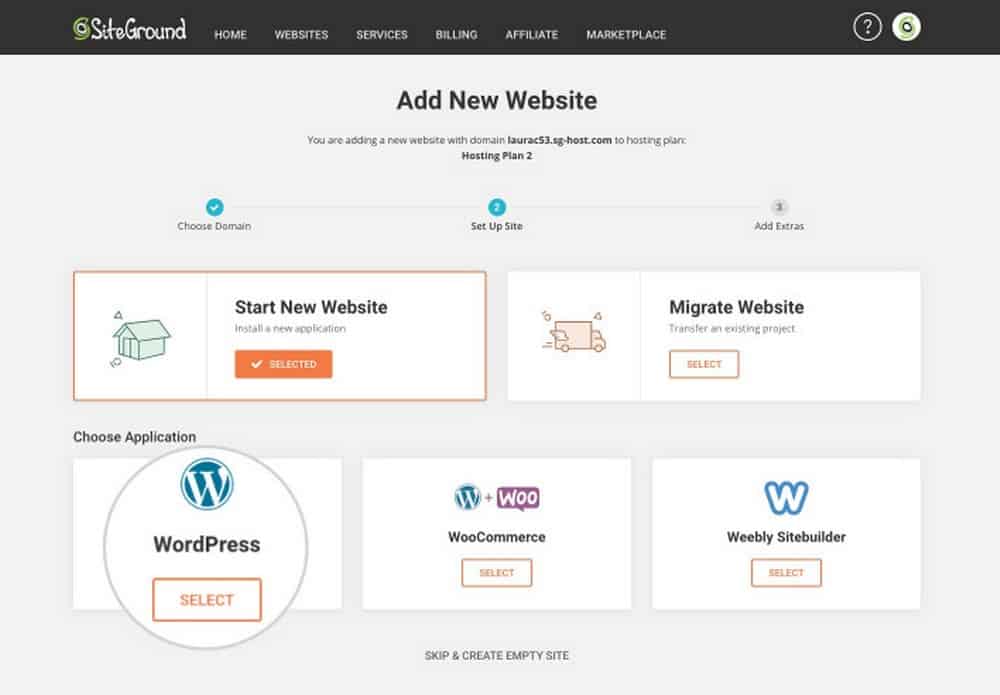 Wybierz WordPress jako aplikację internetową