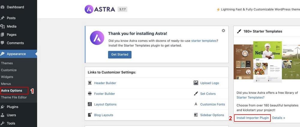 instalacja szablonu startowego astra