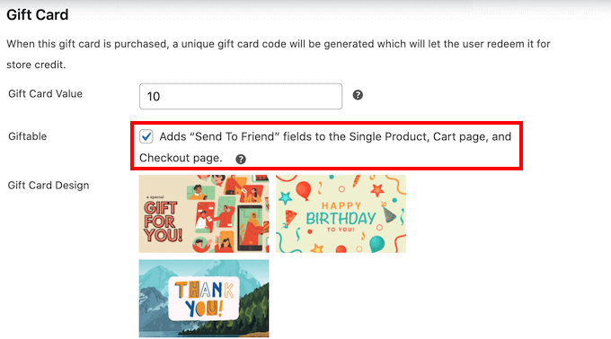 Możliwość prezentowania karty podarunkowej Making a gift card giftable