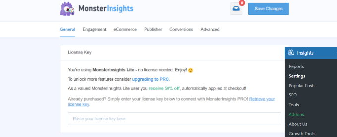 Zakładka Ustawienia ogólne w MonsterInsights General settings tab in MonsterInsights