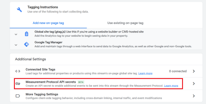 Wybierz opcję sekretów API protokołu pomiarowego Select measurement protocol API secrets option