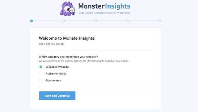 Kreator instalacji MonsterInsights The MonsterInsights setup wizard