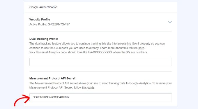 Wprowadź sekret API protokołu pomiarowego w MonsterInsights Enter measurement protocol API secret in MonsterInsights