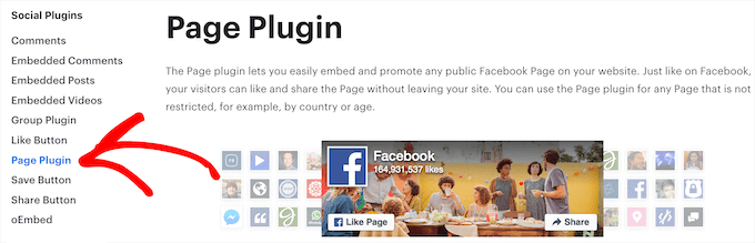 选择 Facebook 页面插件菜单选项 Select Facebook page plugin menu option