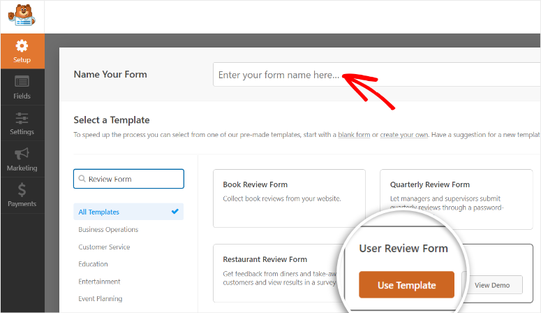 wybierz szablon formularza recenzji - IsItWP - Darmowy wykrywacz motywów WordPress select review form template