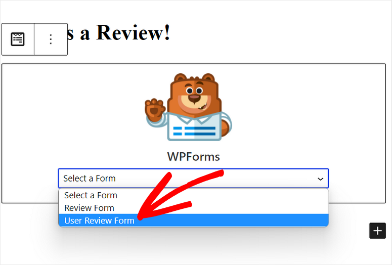 wybierz formularz recenzji w edytorze bloków - IsItWP - Darmowy wykrywacz motywów WordPress select review form in block editor