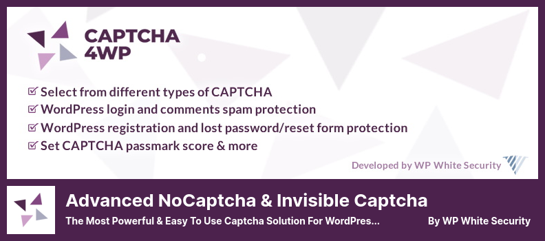 고급 noCaptcha 및 보이지 않는 보안 문자 플러그인 - WordPress 웹 사이트를 위한 가장 강력하고 사용하기 쉬운 보안 문자 솔루션