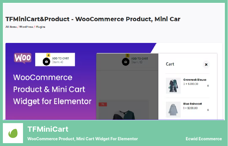 البرنامج المساعد TFMiniCart - منتج WooCommerce ، أداة عربة التسوق الصغيرة للعنصر
