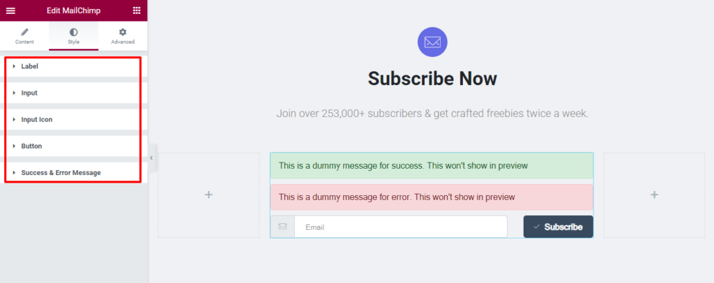 Widget modulo MailChimp di Happy Addons: un modo semplice per aggiungere gratuitamente un modulo di iscrizione al tuo sito web! 8 Style Options of MailChimp Form Widget