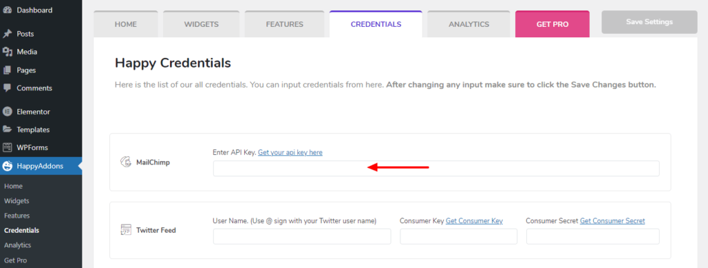 Widget modulo MailChimp di Happy Addons: un modo semplice per aggiungere gratuitamente un modulo di iscrizione al tuo sito web! 2 Happy Addons Credentials Area