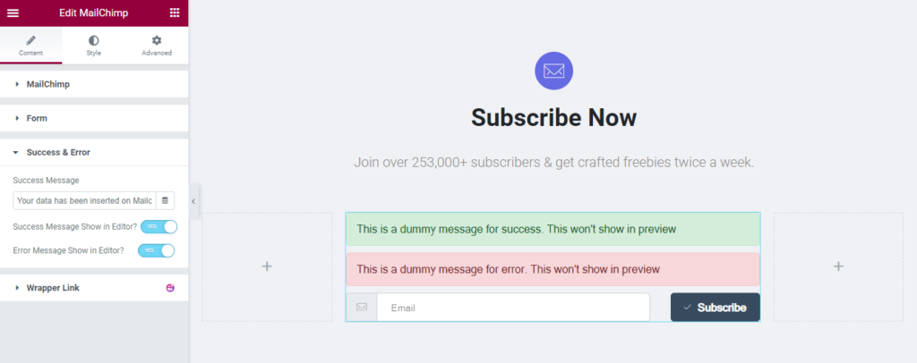 Widget modulo MailChimp di Happy Addons: un modo semplice per aggiungere gratuitamente un modulo di iscrizione al tuo sito web! 7 Enable Success and Error Message