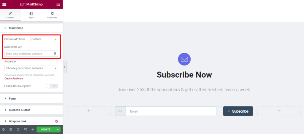 Widget modulo MailChimp di Happy Addons: un modo semplice per aggiungere gratuitamente un modulo di iscrizione al tuo sito web! 5 Select Custom API From