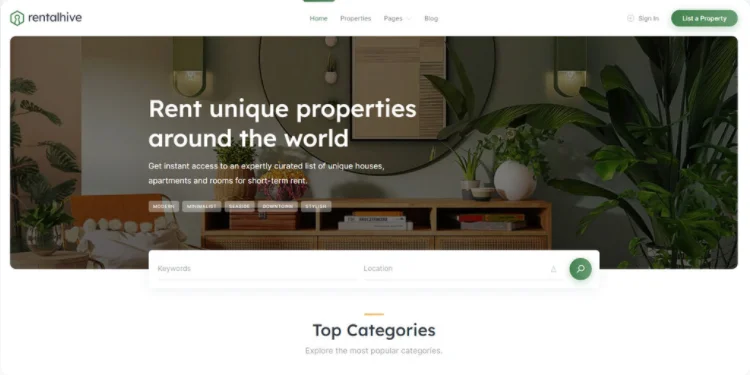 Beranda RentalHive, tema WordPress persewaan liburan.