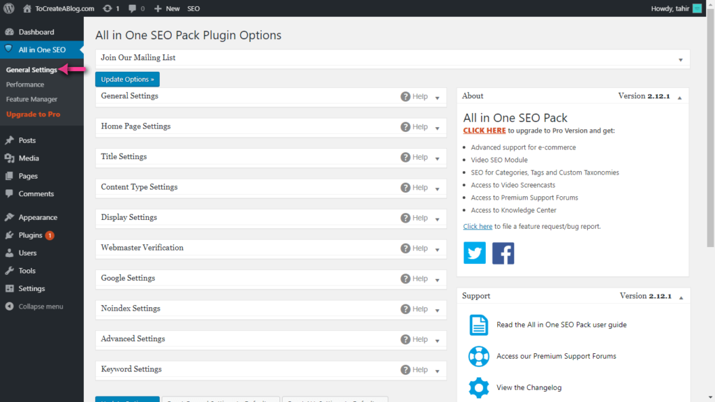 Impostazioni generali All in One SEO Pack