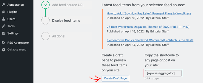 คลิกปุ่ม 'สร้างหน้าร่าง' เพื่อดูตัวอย่างฟีด RSS Click the 'Create Draft Page' Button to Preview the RSS Feed