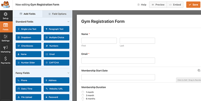 แบบฟอร์มลงทะเบียนยิม Gym registration form