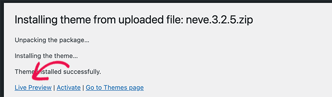 安裝主題後的實時預覽選項 Live preview option after installing a theme