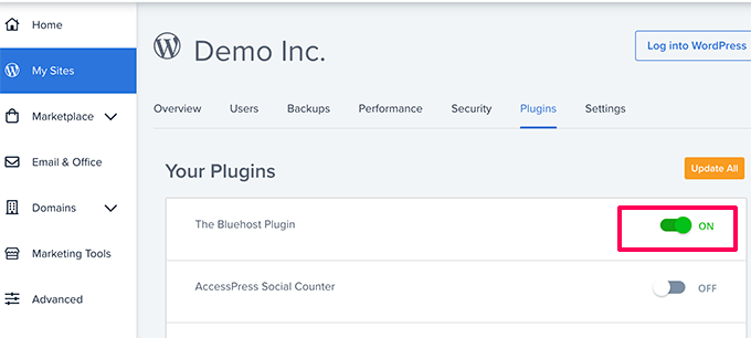 打開 Bluehost 插件 Turn on Bluehost plugin