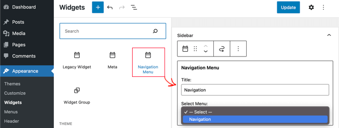 أضف كتلة قائمة التنقل إلى الشريط الجانبي Add the Navigation Menu Block to the Sidebar
